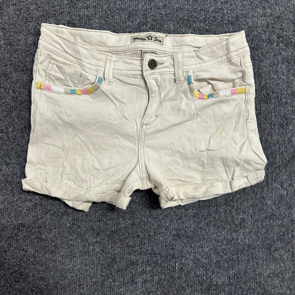 Vanilla Star Shorts Girls Size 16 Cream Embroidered Trim Stretch Denim Cuffed
